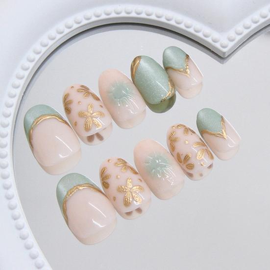 Green Cat Eyes Press On Nails Elegant 3D Gold Floral French Tips Oval False Nails with Jelly Glue Acrylic Press On Nails Kit for Women