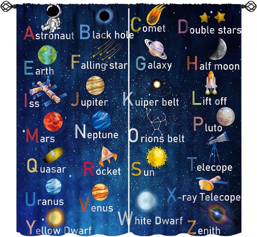 Outer Space Curtains Cartoon Astronaut Rocket Planets Stars Spaceman Universe Galaxy Print Window Kids Boys Made Of Polyester