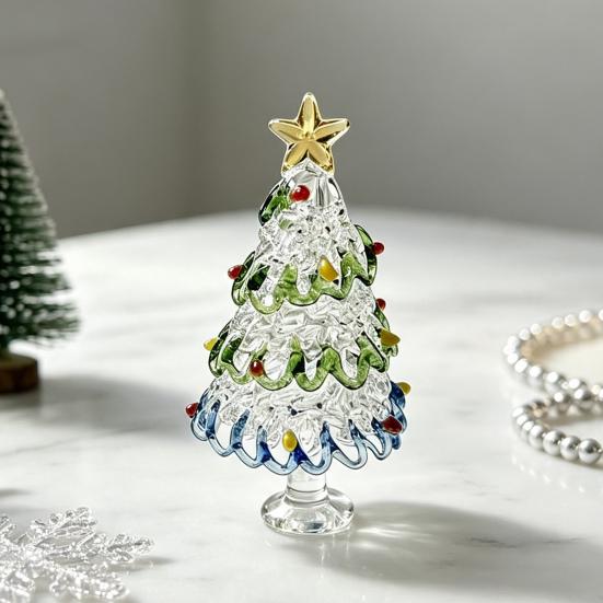 Miniature Christmas Tree Ornaments Glazed Figurine, Glass Pulled Wire Desk Decor, Unique Gifts for Friends Mini Holiday Tabletop Ornament Car