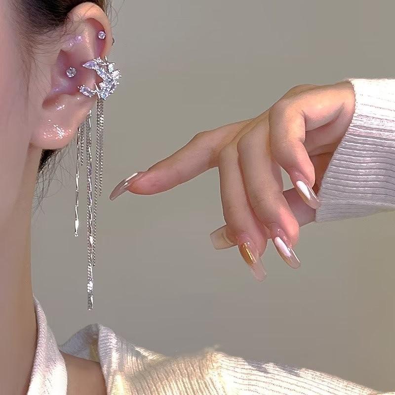 Long tassel ear clips without ear holes Women's temperament Light luxury Zircon ear bone clips No piercing earrings