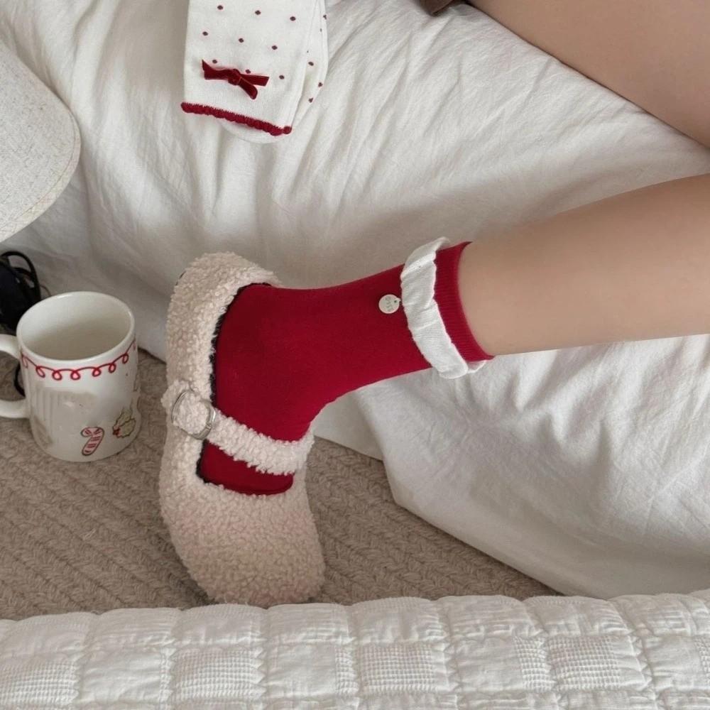 Red Color Sweet Girl Socks Double Layer Mid Tube Socks Festive Boneless Socks Holiday