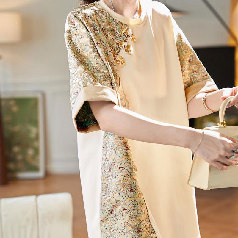 Chinese Style Spliced Short-sleeved T-shirt Women 2025 Summer New Base Shirt New Button Mid-length Casual Top