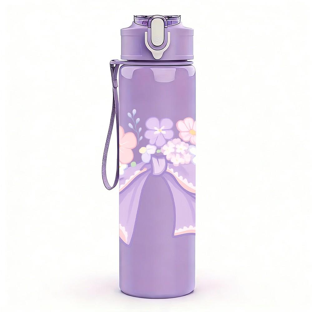 1PC Light Purple Bow Flower 750ml Color Plastic Sports Water Bottle Leakproof Flip Straw Lid Suitable for Sports Office Home Use