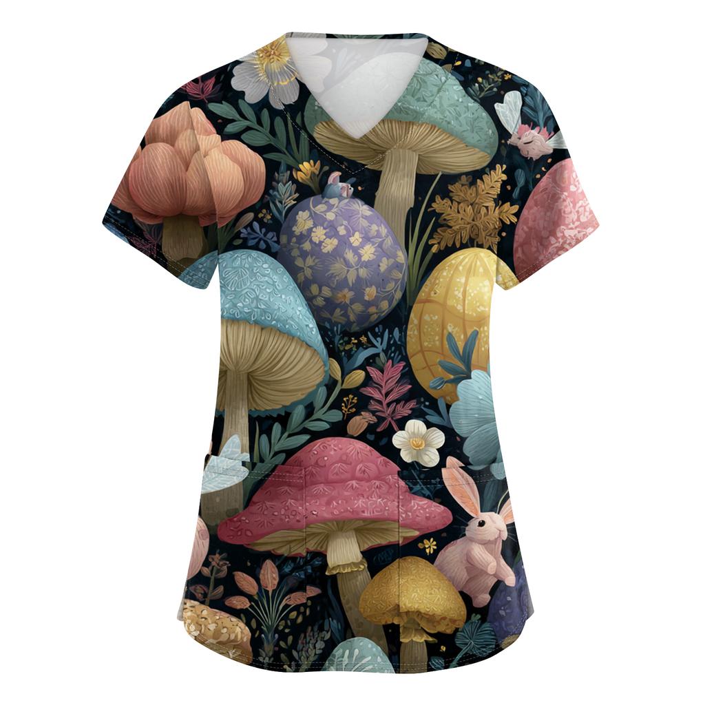 Women's Fashion V-Neck Short-Sleeved Workwear With Pockets Easter Print Top Caregiver Uniform
