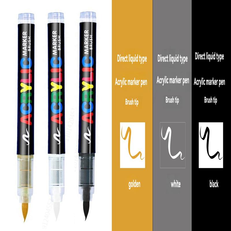 3/6Pcs Acrylic White Marker Brush Pens Black Paint Art Markers Set for Rock Painting Stone Ceramic Wood Tire Fabric Metal Canvas