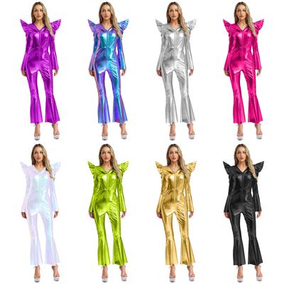 Womens Shiny Metallic Disco Jumpsuit Long Sleeve High Waist Front Zip Bell Bottom Romper Clubwear