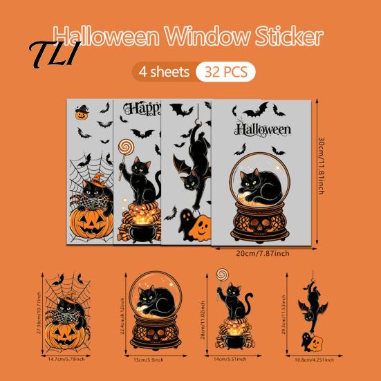 Outdoor Balcony Scene Setting 4Pcs Halloween Cartoon Window Clings, Pumpkin Ghost Scarecrow Stickers, Decorative Glass Decals for Party