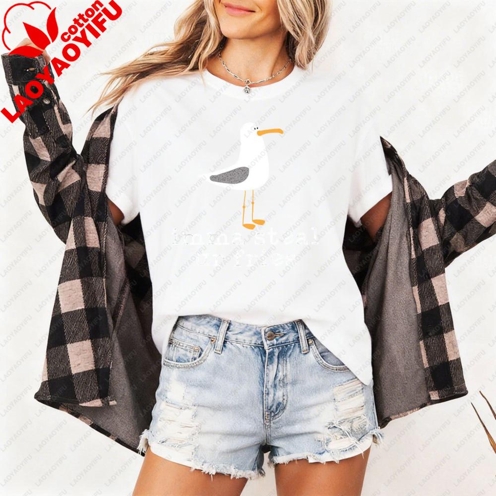 

Seagull Print Women TShirt Casual Summer Short Sleeve Cotton Top Fashion Beach Outfit Gift for Her Cute Seagull Print Clothes S