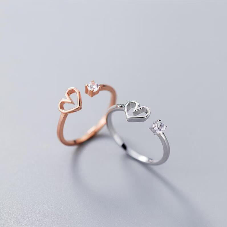 2025 Korean Style Sweet Heart Diamond Ring for Women - Hollow Design, Fashion Gift for Girlfriends