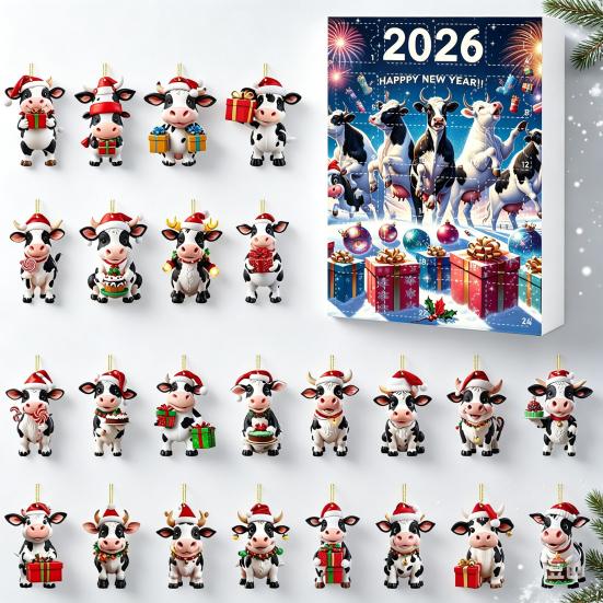 Collectible Christmas Figurines for Enthusiasts Cow Ornament Advent Calendar 2026, 24 Days 2D Acrylic Hanging Pendant Portable Decorations Home
