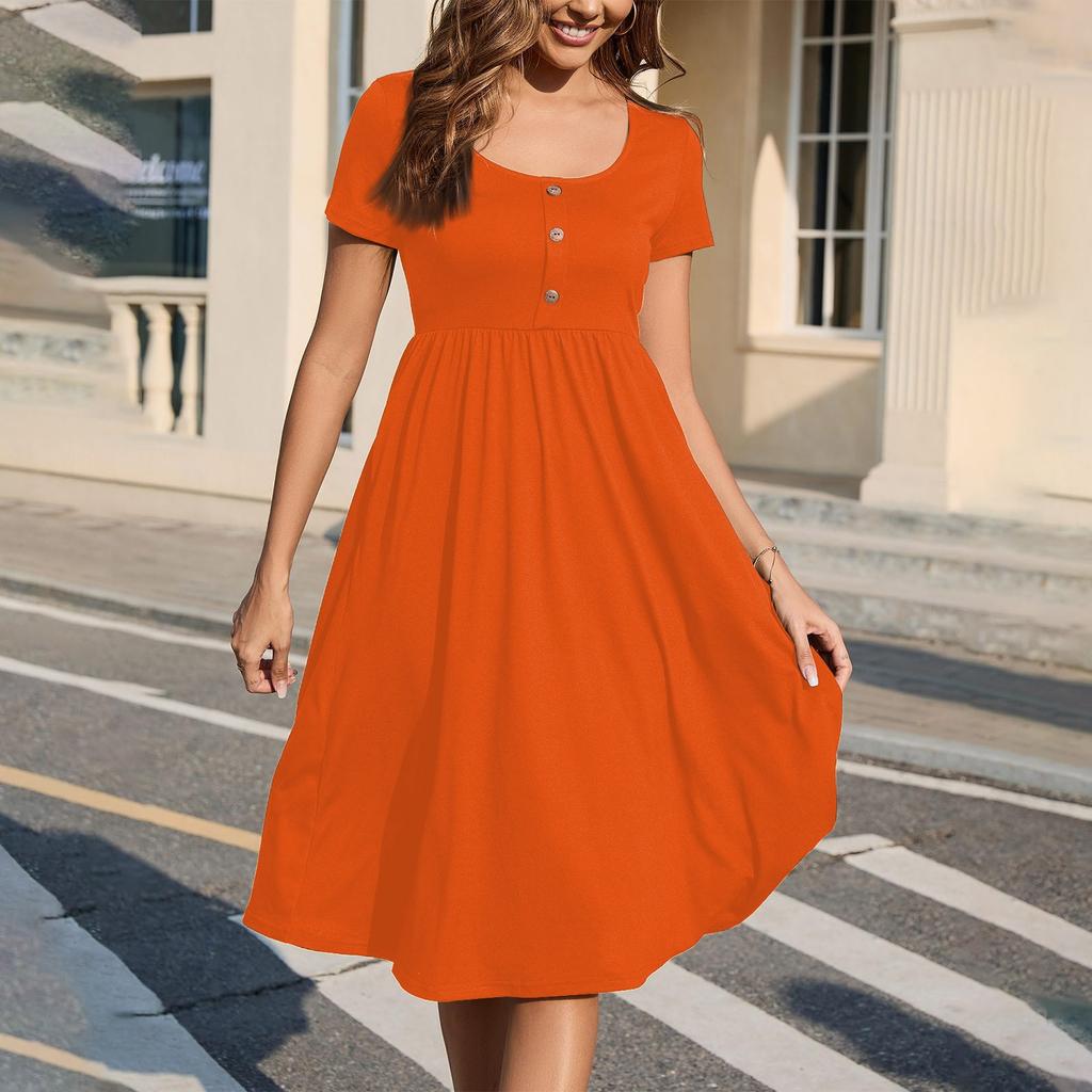 Modische Damen Sommerkleider Elegantes Kurzarm Midi Kleid