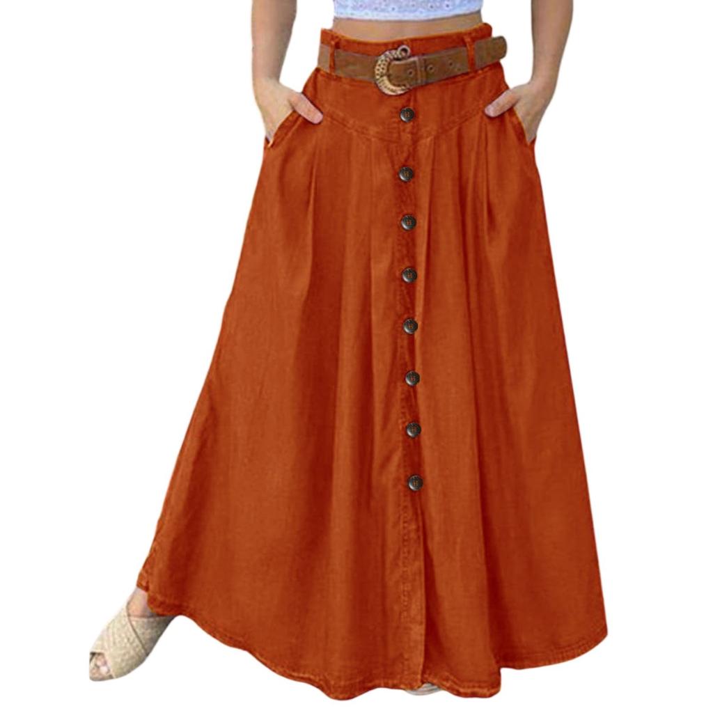 Women's Casual Retro High Waist Color Wrap Button Loose Belt Pocket Skirt