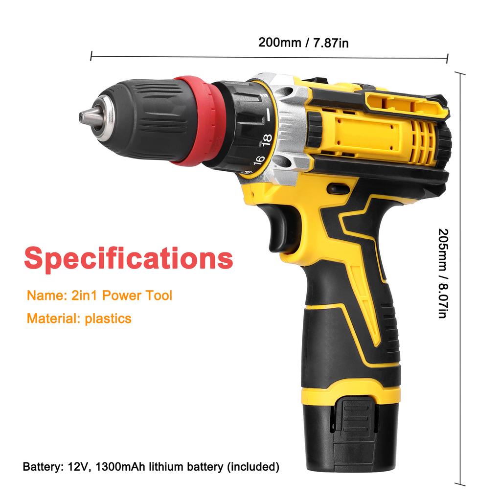 12 V 2in1 Lithium Drill Electric Screwdriver Multi Function Power Tool Brushed Motor Practical Screw Driver for Home