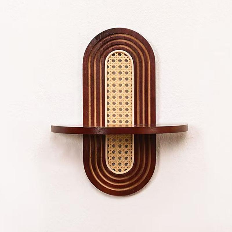 1PC Solid Sturdy Shelf Natural Wood Bohemian Wall Minimalist Rattan Weave Space-Saving Mounted Multi-Purpose