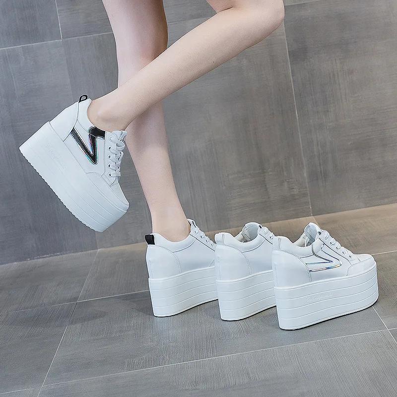 Fashion 12CM Natural Cow Genuine Leather Platform Flats Women Hidden Heels Fashion Vulcanized Women Casual Chunky Sneakers Shoes