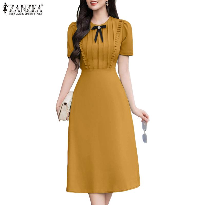 ZANZEA Women Elegant Bow O-neck Casual Summer Short Sleeve Dress