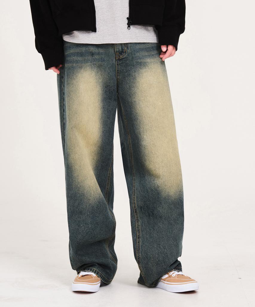 Akeusi Loose Washed Balloon Fit Wide Denim Pants Unisex (Yellow-Blue)