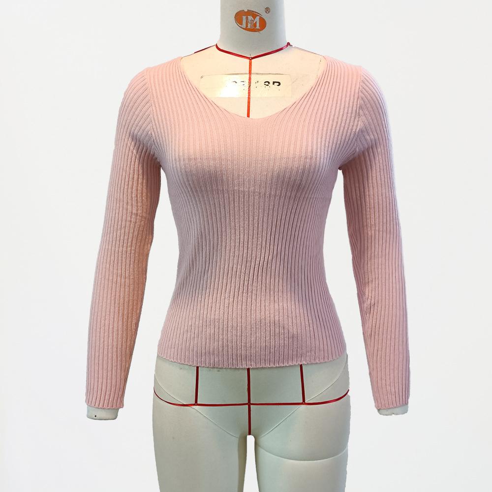 Damen V-Ausschnitt Strick Langarm Schlank Enganliegendes Einfarbiges Unterhemd Tops