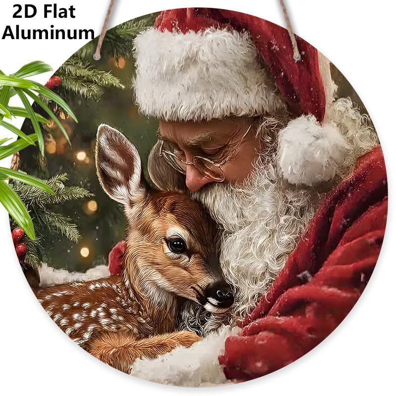 

2D Flat Aluminium Christmas Sign with Santa Claus & Elk Pattern - Navidad Figurine Ornaments - Ideal for Front Door, Wall, Porch, Fence Decor - Ideal 7.87×7.87inch