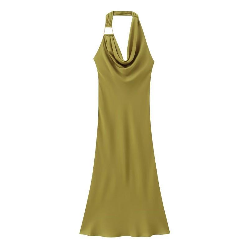 Summer Women s Dress Sexy Backless Collar Sleeveless Silk Satin Midi Hanging XS желто-зеленый