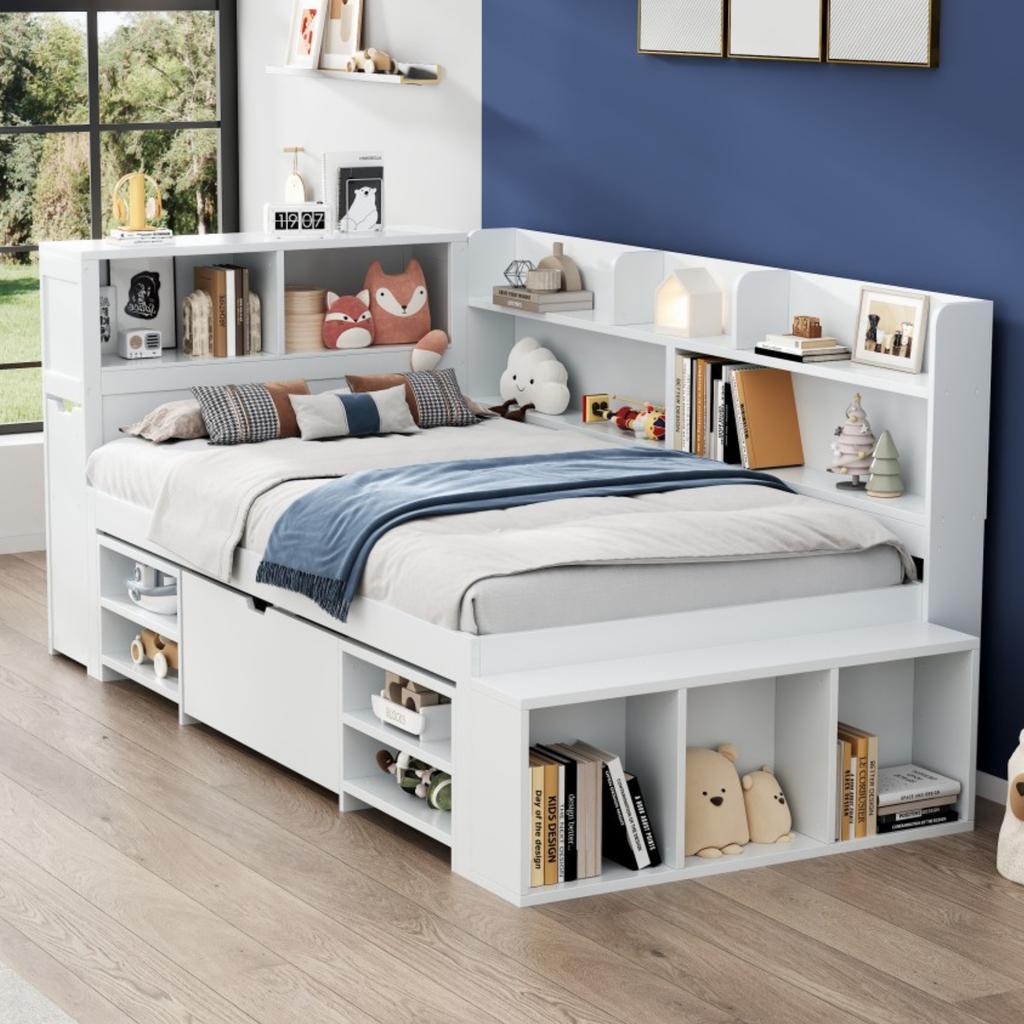 Kinderbett, 90*200 cm, Multifunktional mit Schubladen, Bücherregal und Aufbewahrungsschrank, Großer Stauraum, Lattenrost, ohne Matratze, Weiß