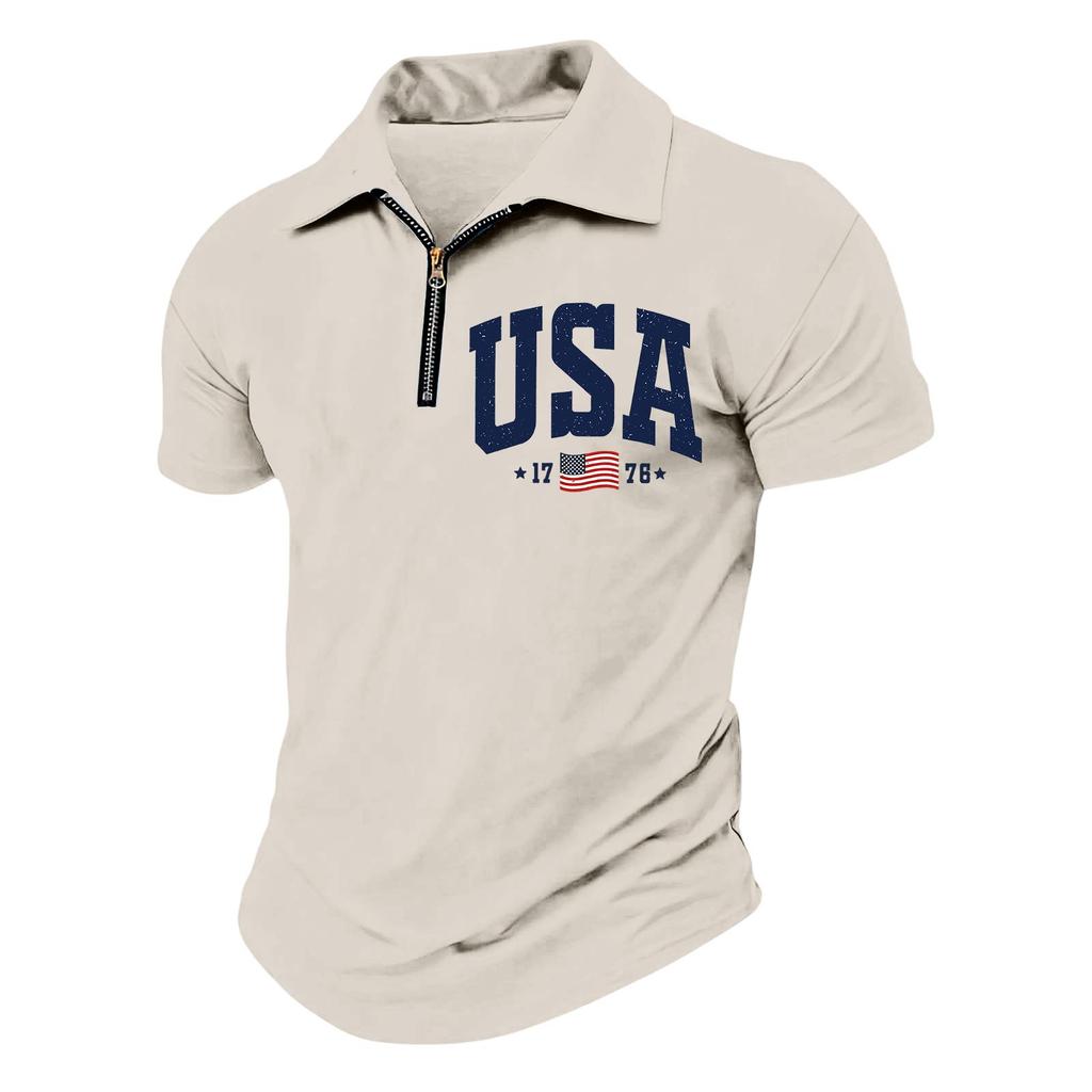 Men’s Short Sleeve Polo Shirt with Half Zip Collar USA Letter Print and Flag Embroidery Casual Fit Top