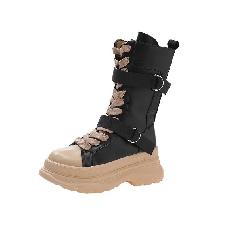 

Модные женские ботинки из парусины на толстой платформе, осенне-зимние, на шнуровке, с молнией, мотоциклетные ботинки, женские, с толстой подошвой, нескользящие, до щиколотки 35 чёрный