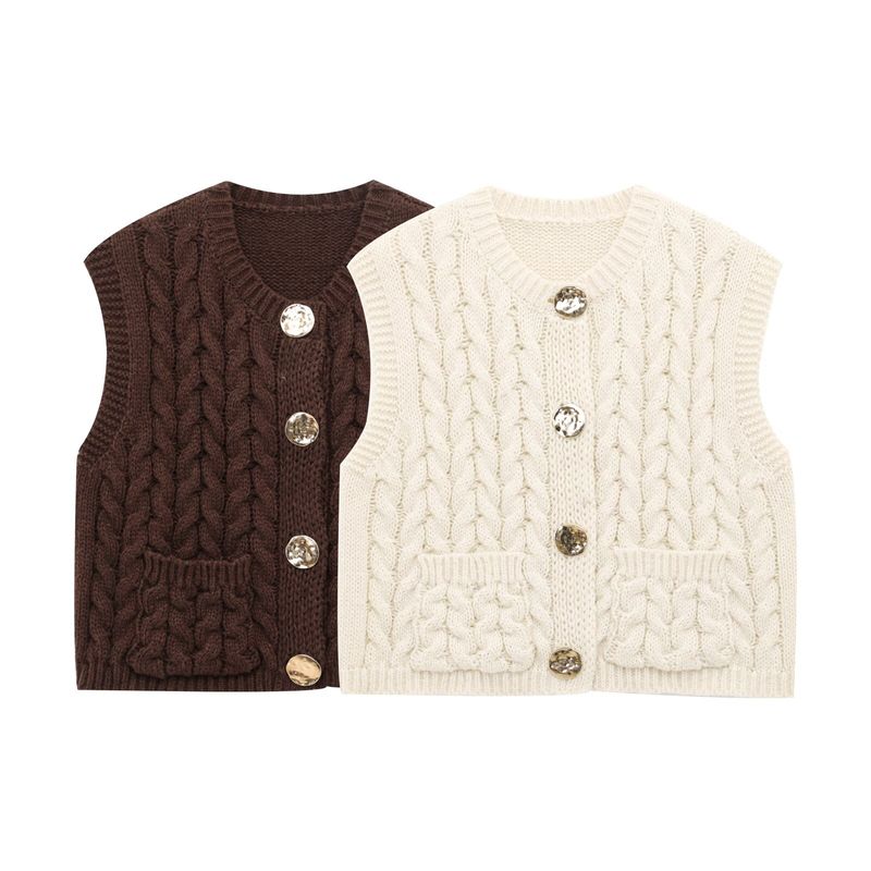 Kaslead New Women Clothes Western Style Fashion Simple and Versatile Twist Gold Button Thick Needle Vest