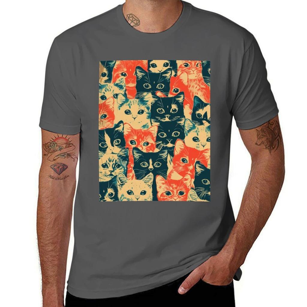 Funny Cats Kittens Pattern Art Cute Vintage Art Tshirt Large Size Basic Casual Tshirt