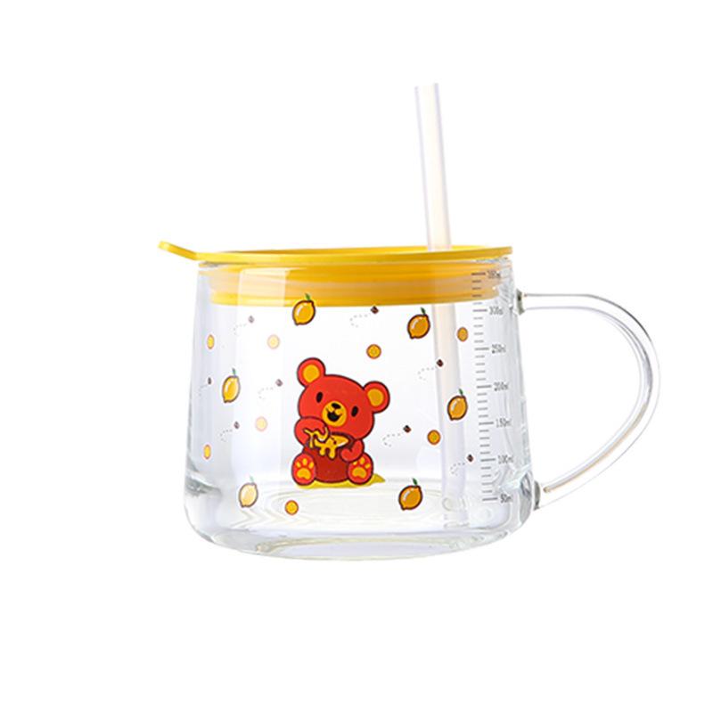 Home Office Coffee Cup with Lid Glass 350ml Cartoon Cute Water Cup with Straw Milk Double Drink Cup