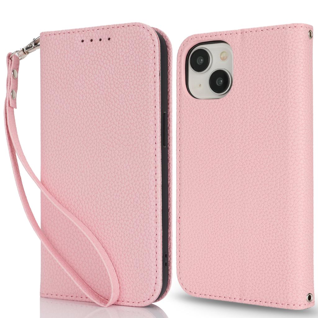 Stand Case for iPhone 15 Litchi Texture Leather Flip Phone Cover with Strap/Wallet