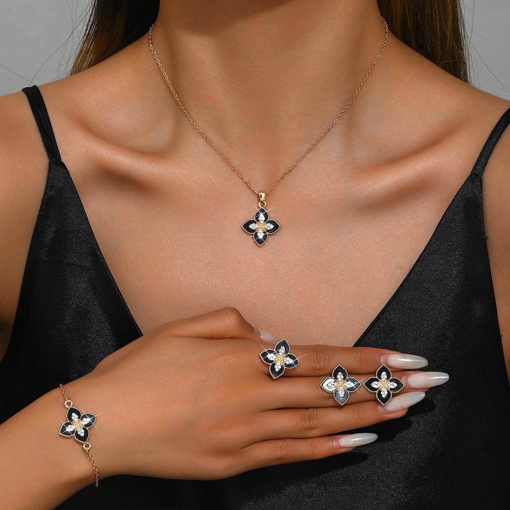 New Black Four-leaf Clover Earrings Necklace Bracelet and Ring Four-piece Jewelry Set Fashionable and Sweet