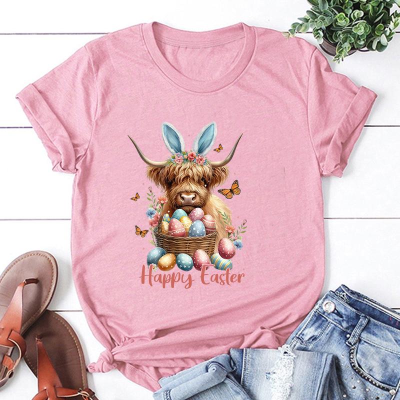 Hot Easter Day Unisex Short Sleeve Cow Happy Easter Print T Shirts Women Causal Harajuku Tops Funny T Shirt