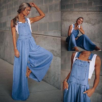 Lockere ärmellose Jeans-Overalls mit Seitentaschen, lässige Jeans-Hosenträgerhose mit verstellbarem Schultergurt, Jeans und Kleidung für Damen