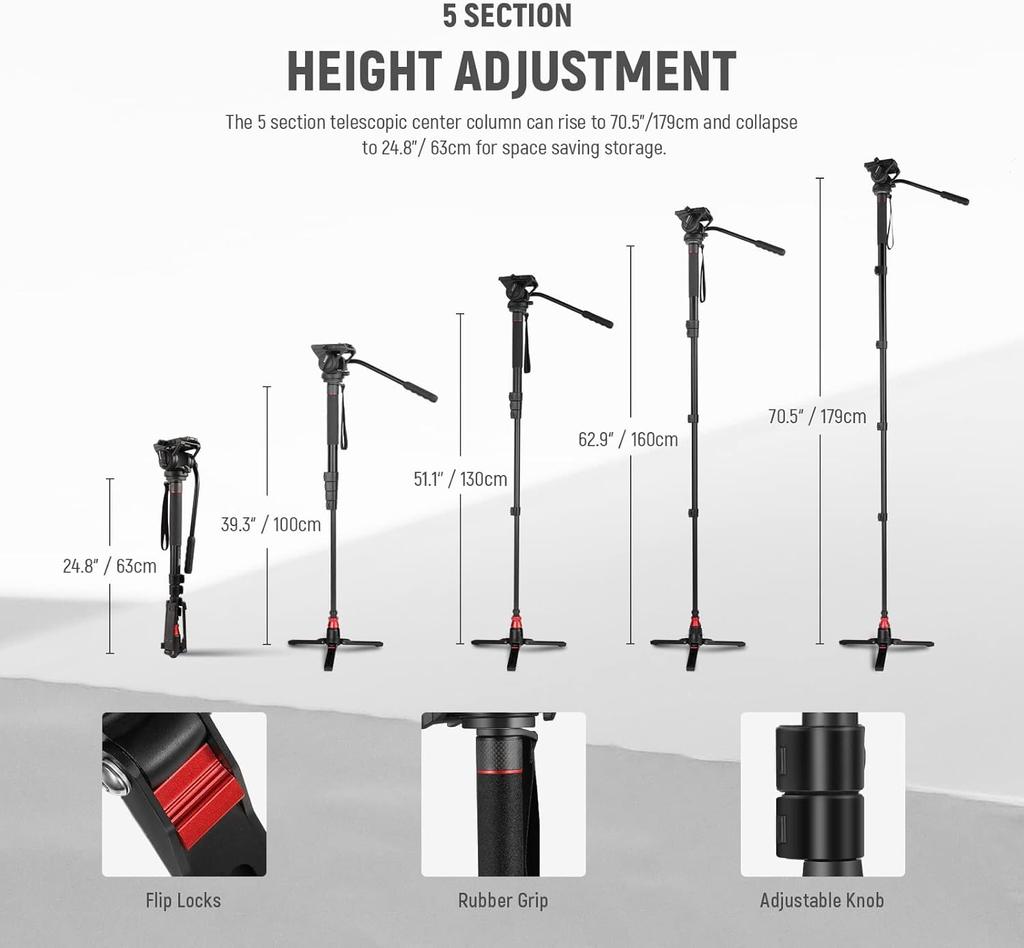 NEEWER GM76 Professional Camera Monopod with 179cm Telescopic Portable Aluminum Travel Monopod with Pan and Fluid Head and Detachable Tripod Base for