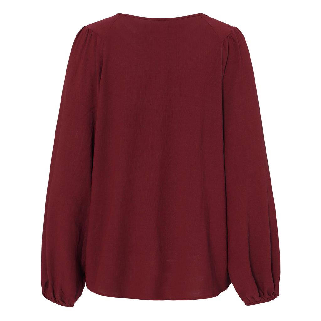 Women Autumn Solid Color Round Neck Pullover Loose Long Sleeve T Shirt Top