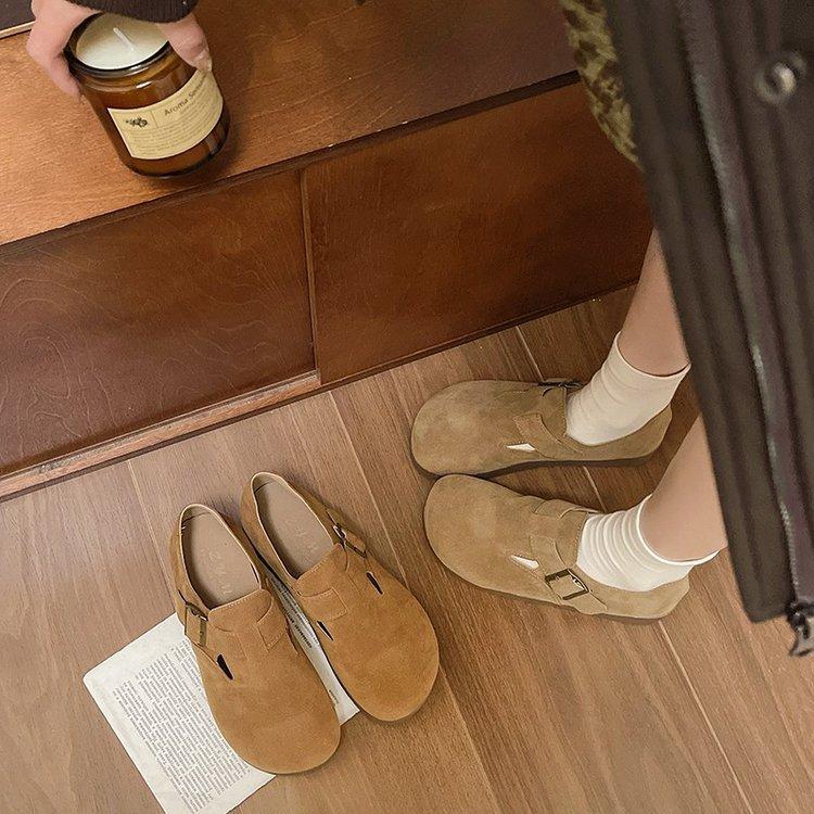 Belt buckle fashion Boken shoes women's 2024 autumn and winter hard retro casual flat bottom one pedal leather shoes
