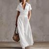 Camicia da Donna a Maniche Corte alla Moda Retro a Vita con Revers Stile Western Colore Unito Estiva Abito Lungo Elegante a Linea ad A