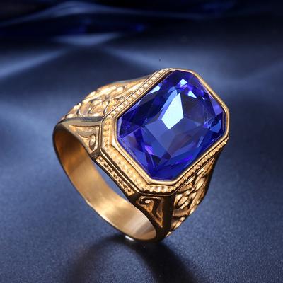 Anillos de Topacio Azul Cristal Cuadrado Grande con Diamantes para Hombre Masculino Relleno de Oro Acero Inoxidable Bague Joyería Bandas para los Dedos