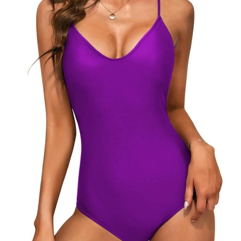 Solid Color One Piece Swimsuit Women With Push-Up Padding Backless Fit Swimwear Beach Vacation Pool