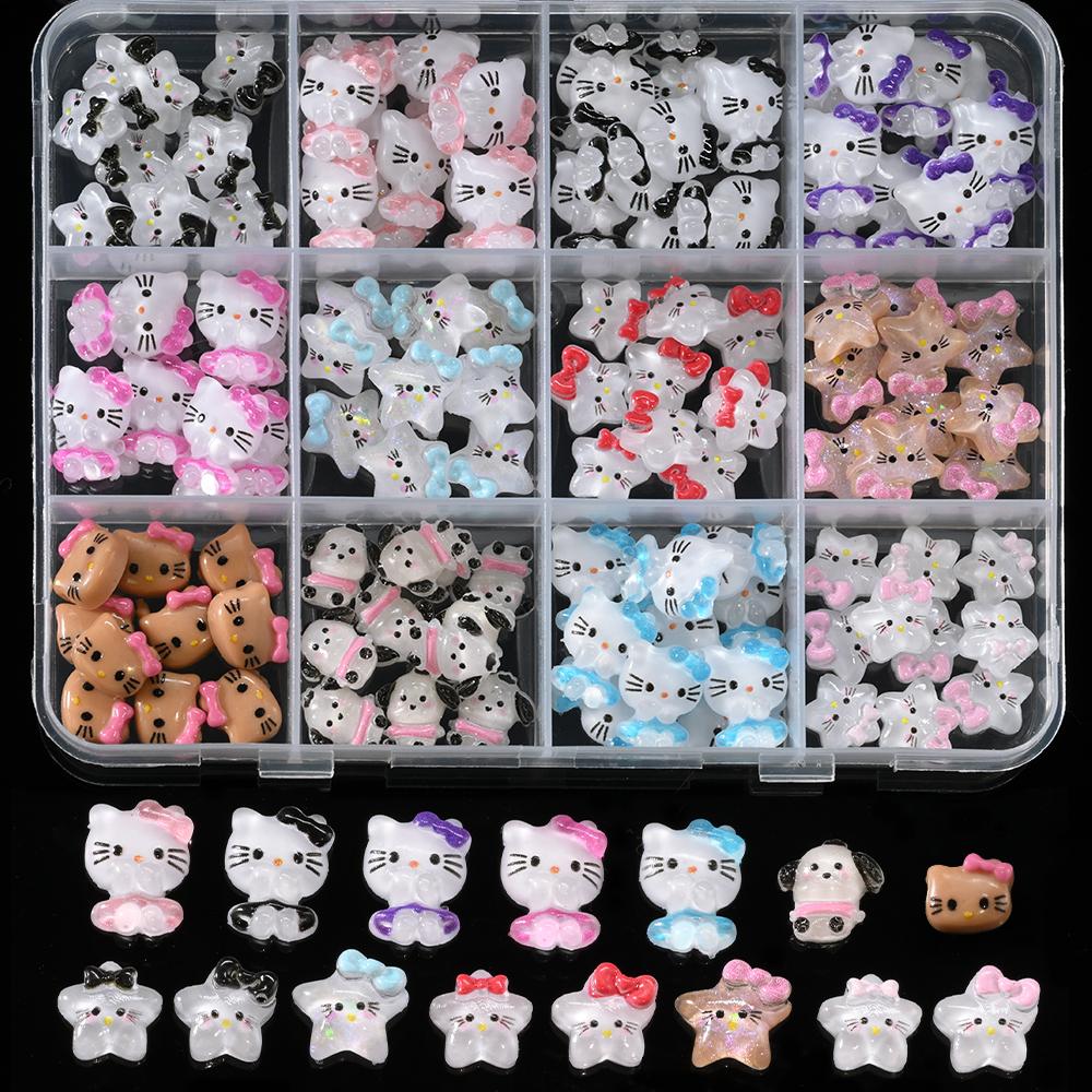 12 Grids Hawaii Black Skin Hello Kitty Nail Charms Summer Vibe Coconut Dolphin Acrylic Nail Art Decoration Manicure Accessories