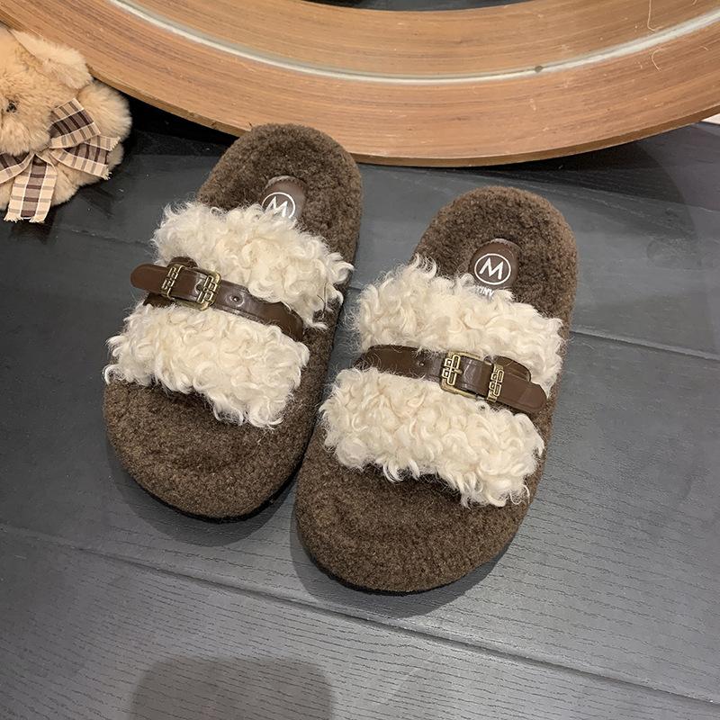 Retro Plush Design Fluffy Slippers Women's Outer Wear 2025 New Autumn and Winter Thick Bottom Heightening Belt Buckle Cotton Mop