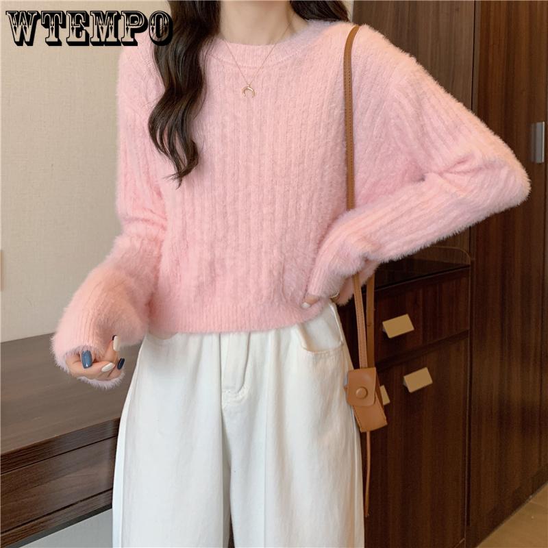 Y2K Cropped Sweater Pink Furry Solid Korean Fashion Pullover Knitted Sweaters Autumn Winter Long Sleeve Harajuku Jumper Sweater