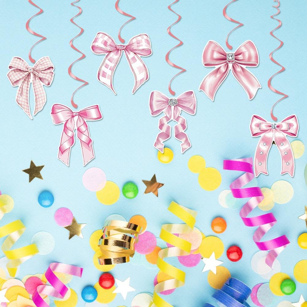 40pcs Birthday Party Decoration Spiral Pendant Pink Bow Birthday Spiral Tag Hanging Decoration and Props