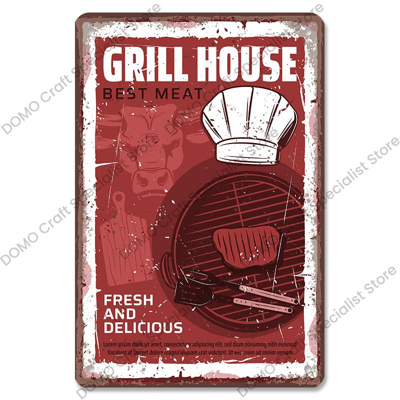 Vintage Barbecue Plaques Metal Tin Signs Grill Meat Steak Sausage Retro Metal Plate Wall Decor BBQ Party Shop Dining Room