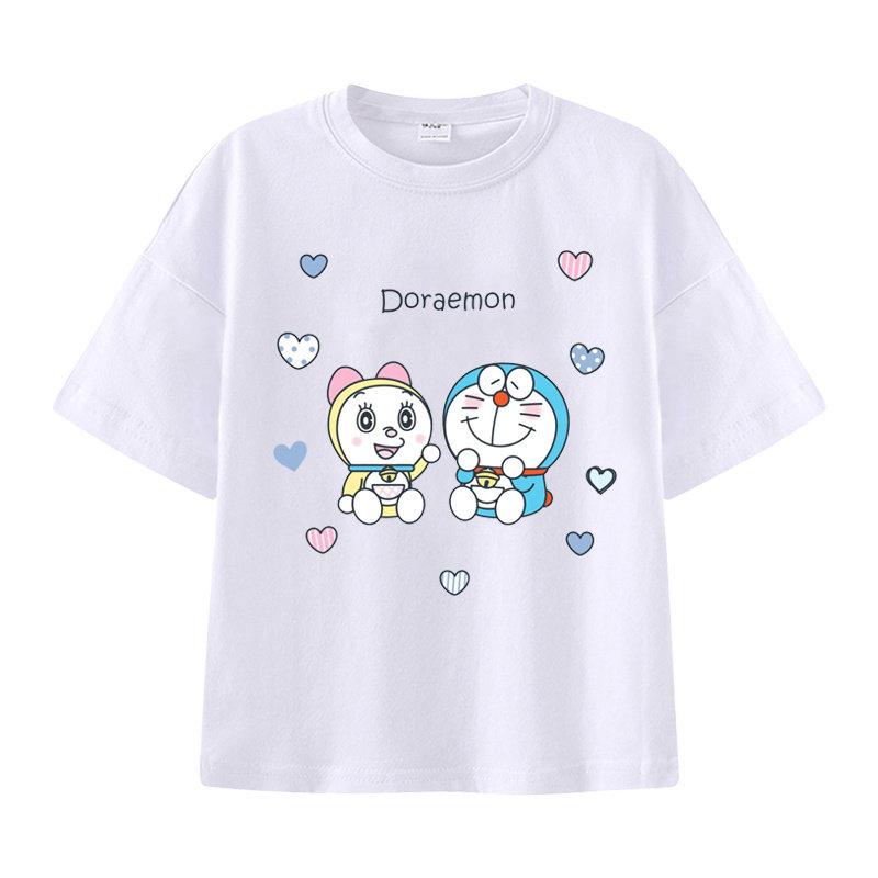 Pure Cotton Childrens Shortsleeved Tshirt for Summer Boys and Girls Halfsleeved Childrens Clothing with Doraemon Pattern