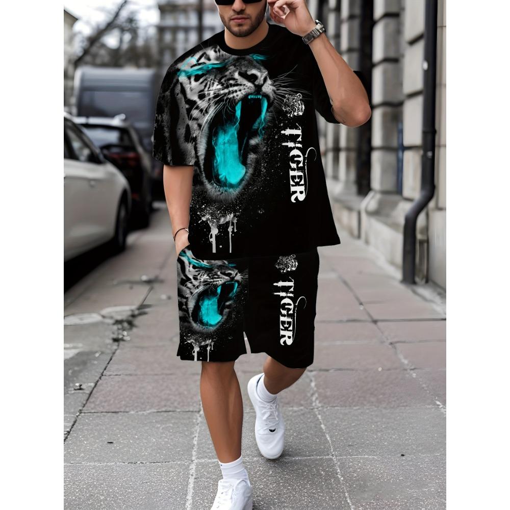 Summer Men's Fashion Casual Sports Set Loose-Fit Trendy Doll Graffiti Print Crew Neck Short Sleeve Two-Piece Set with Shorts