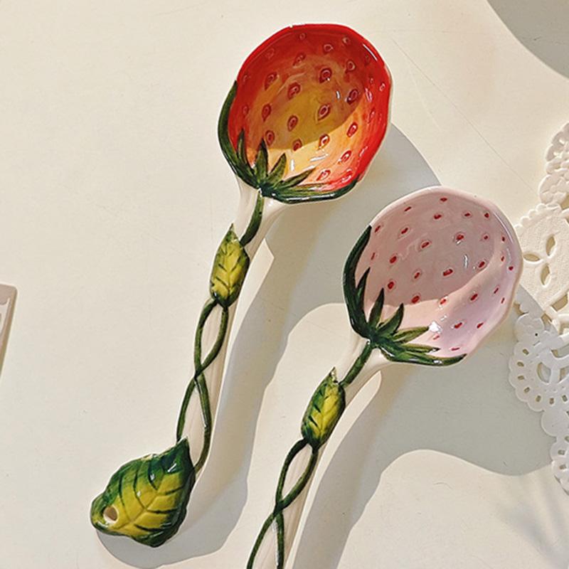 1 Piece Ceramic Soup Spoons Cute Strawberry Spoons Long Handle Porcelain Tablespoons Dinnerware for Ice-cream Desserts Cereal Soup Yogurt