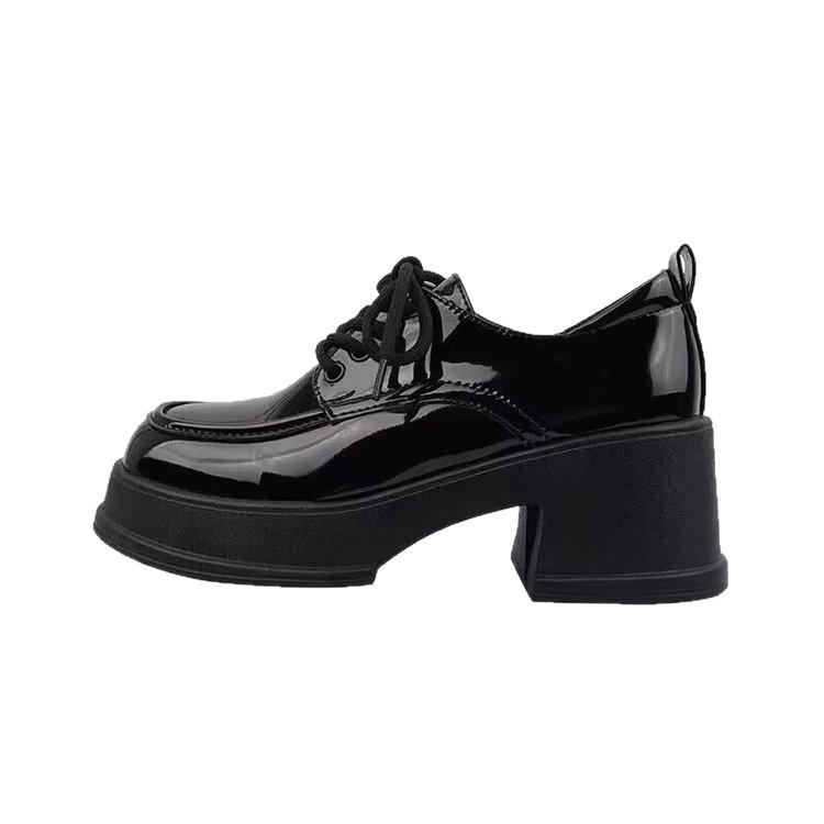 Schwarz Dicksohlige Kleine Lederschuhe Herbst Erhöht Dicke Ferse Mary Jane Schuhe Muffin Runder Kopf Hoher Absatz