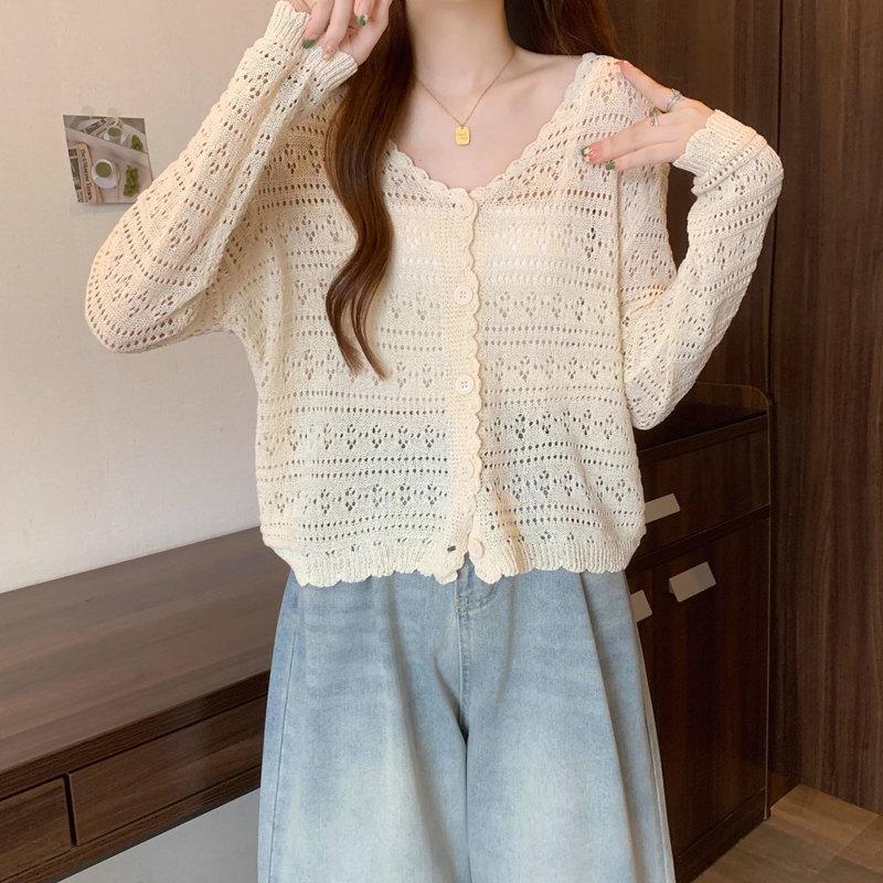 2025 Women's Plus Size Ice Silk V-Neck Knit Cardigan - Summer Sun Protection, Solid Color, Thin, Hollow-Out Short Shawl Jacket